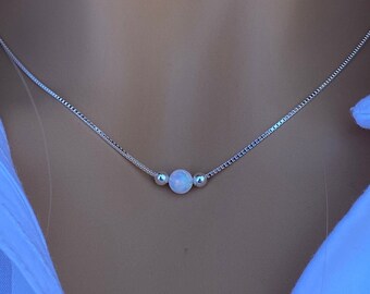 White Opal Necklace, Dainty Round Bead Pendant, Sterling Silver Layering Necklace, October Birthstone Gift for Her, Minimalist RL4