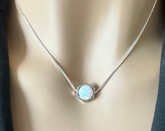 Opal Necklace,  Round Opal Necklace, Hexagon Pendant, White Opal Bead Necklace, Fire Opal Necklace, White Opal Necklace, Layering Necklace