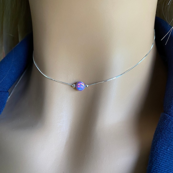 Opal Necklace, Round Opal Pendant, Purple Opal Bead Necklace, Fire Opal Necklace, Purple Opal Necklace, Opal Layering Necklace Gift RL17