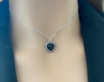 Sterling Silver Black Enamel Heart Pendant Necklace RL 27