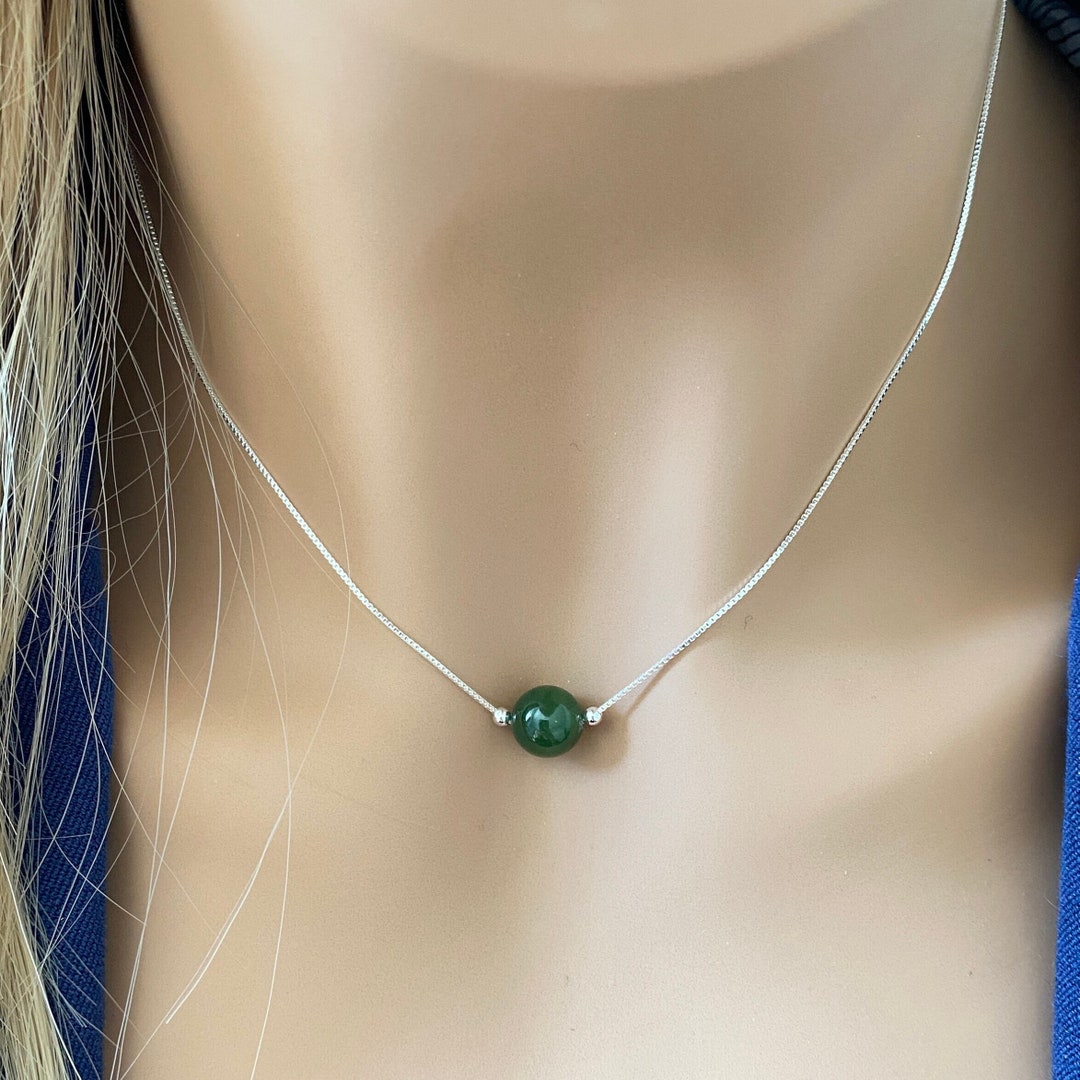 Silver Jade Necklace, Geniune Nephrite Jade Beaded Necklace, Grade A