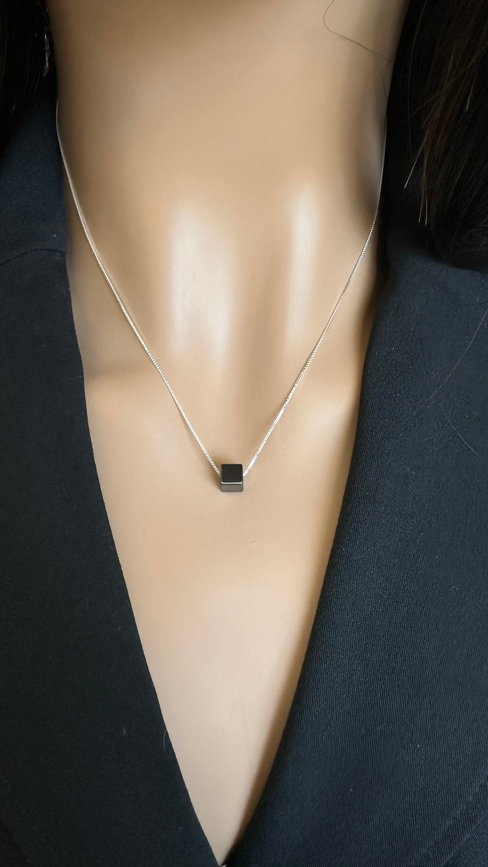 Hematite 6mm Square Pendant, Dainty Necklace, Hematite Necklace, Anxiety Necklace, Positive Energy Necklace, Grounding Necklace, Gift  NS100