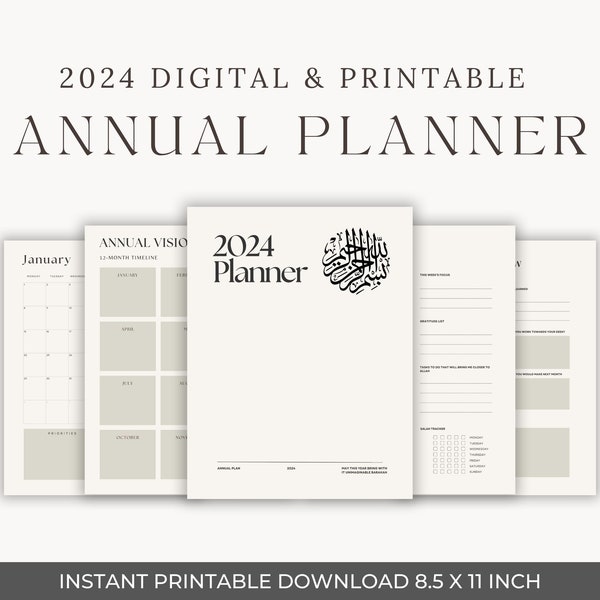 2024 Muslimischer Digitaler Planer | Stark vereinfachtes Design, Dua Erinnerungen | Produktivität Islamischer Kalender, einfache Navigation