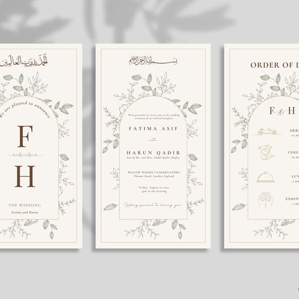 Simple Nikkah Islamic Wedding Invite I Cream, Sage Green and Gold Minimalistic I Order of the Day
