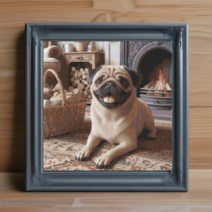 May include: A framed artwork featuring a smiling pug dog lying on a patterned rug in front of a fireplace. The artwork is in a dark gray frame, and the background includes a basket, firewood, and a cozy interior setting.