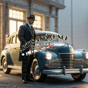 May include: A man in a black suit and fedora stands next to a vintage green car. The car has a chrome grill and headlights. The text "Artisan Avenue Designs" is superimposed on the image.
