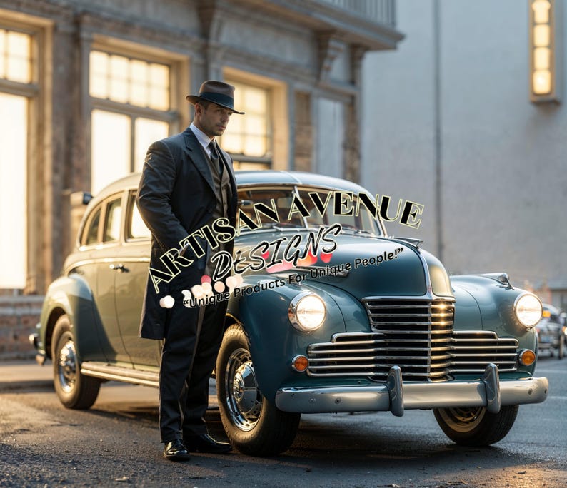 May include: A man in a black suit and fedora stands next to a vintage green car. The car has a chrome grill and headlights. The text "Artisan Avenue Designs" is superimposed on the image.