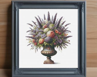 Schema punto croce per vaso floreale di lavanda, ricamo botanico (download PDF)