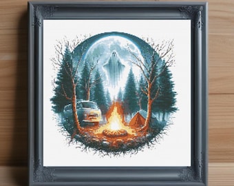 Camping Ghost Cross Stitch Pattern: Spooky Campfire Embroidery (PDF Downloadable Pattern