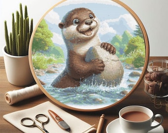 Otter Cross Stitch Pattern, Beginner Wildlife Embroidery (PDF Pattern)
