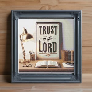 May include: A framed cross-stitch artwork featuring the text TRUST in the LORD in dark lettering on a light background. The scene depicts a desk with a brass desk lamp, an open book, a pair of glasses, a pen holder, and a row of books.