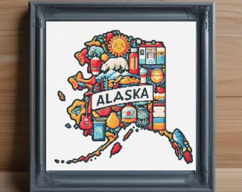 Alaska Map Cross Stitch Pattern, Wilderness Needlepoint (PDF Download)