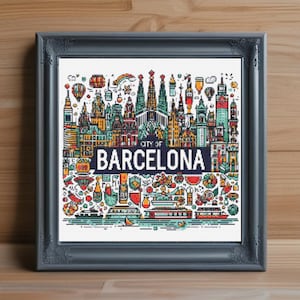 May include: Framed art print featuring a colorful pixelated illustration of Barcelona's skyline and landmarks. The artwork includes the text "CITY OF BARCELONA" in white letters on a navy blue background. The frame is a dark gray color.