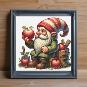 Apple Gnome Cross Stitch Pattern PDF, Cute Autumn Gnome Embroidery Design, Fall Harvest Decor, Whimsical Garden Gnome Art, Instant Download