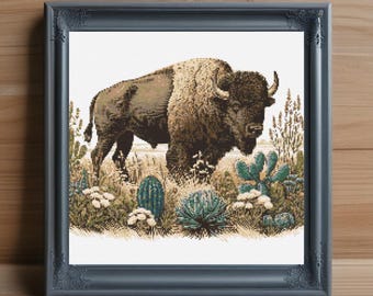 May include: A brown and white bison standing in a field of green and brown plants. The bison is facing to the right and has its head turned to the left. The bison is surrounded by various plants, including cacti and grasses.