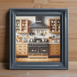 May include: Framed artwork of a kitchen interior. The image features a black stove, wooden cabinets, and kitchen utensils. The artwork is set in a dark grey ornate frame, against a wooden background.