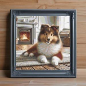 May include: A brown and white dog with fluffy fur is lying on a rug in front of a fireplace. The dog has a sweet expression on its face and is looking directly at the camera.