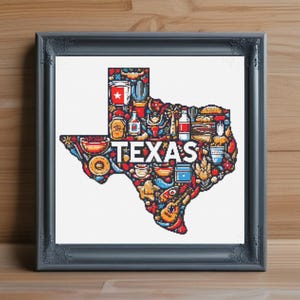 May include: A colorful cross-stitch pattern of the state of Texas, filled with icons representing Texas culture, such as boots, hats, chili, and a guitar. The word "TEXAS" is written in white letters across the middle of the state.