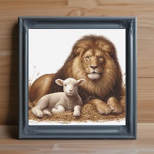 Löwe und Lamm Kreuzstichmuster PDF, Friedliches Tier Stickmuster, Glaube inspiriert Handarbeiten, Sofort Download, moderne Stichvorlage