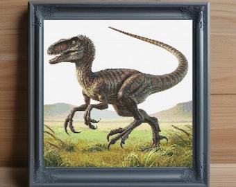 Patrón de punto de cruz de Velociraptor, bordado de dinosaurio (Descarga PDF)