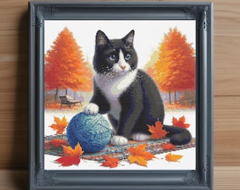 Tuxedo Cat Cross Stitch Pattern, Feline Needlepoint (PDF Pattern)