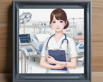 May include: A female nurse wearing a white uniform with a stethoscope around her neck and a clipboard in her hands. She is standing in a hospital room with a bed and medical equipment in the background.