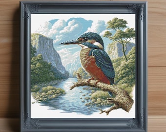 Kingfisher Cross Stitch Pattern, River Bird Needlepoint (PDF Download)