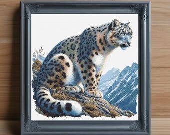 Patrón de punto de cruz de leopardo de las nieves, bordado de gran felino (descarga en PDF)