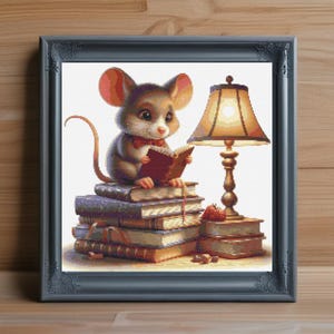Bookish Mouse Cross Stitch Pattern PDF, Cute Reading Mouse Embroidery Design, Book Lover Counted Cross Stitch Chart, Instant PDF Download