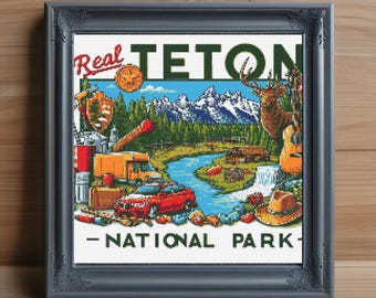 Teton National Park Cross Stitch Pattern, Landscape Embroidery (PDF Download)