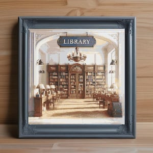 Può includere: Un'immagine a punto croce incorniciata che rappresenta l'interno di una biblioteca. L'immagine presenta un cartello con la scritta "LIBRARY" sopra un grande arco. La biblioteca ha alte librerie piene di libri, un lampadario appeso al soffitto e tavoli e sedie in legno.