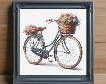 May include: A vintage-style bicycle with a wicker basket filled with flowers. The bicycle is painted blue and has a white background.