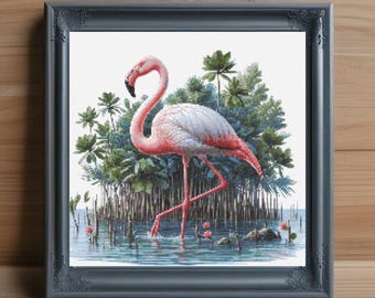 Tropical Flamingo Cross Stitch Pattern, Bird Embroidery (PDF Download)