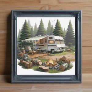 Camper Cross Stitch Pattern PDF, Retro RV Camping Embroidery Design, Modern Travel Trailer Counted Cross Stitch Chart, Instant PDF Download