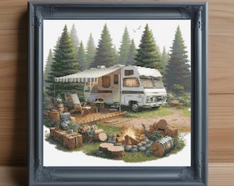 Retro Camper Cross Stitch Pattern, RV Camping Embroidery (PDF Download)