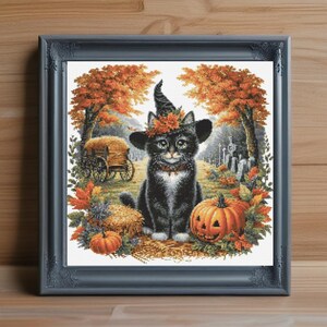Witchy Cat Cross Stitch Pattern PDF, Halloween Black Cat Needlepoint, Magical Feline Embroidery, Spooky Witch Art Design, Instant Download