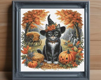 Patrón de punto de cruz de gato brujo: bordado de gato negro de Halloween (descarga PDF)