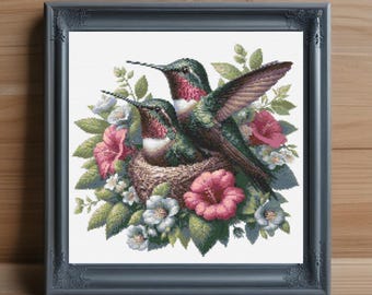 Schema punto croce nido di colibrì, ricamo floreale colorato con uccelli (download PDF)