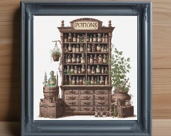 Patrón de punto de cruz de pociones, diseño de bordado de botellas de brujas (descarga en PDF)