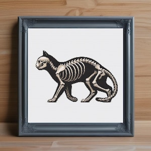 Cat Skeleton Cross Stitch Pattern PDF, Gothic Halloween Needlepoint, Spooky Feline Embroidery PDF, Cat Skeleton Decor, Instant PDF Download