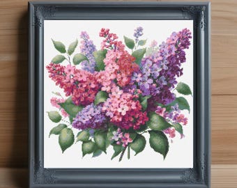 ライラックの枝のクロスステッチパターン：花の刺繍デザイン（PDF