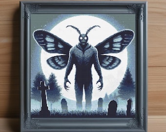 Mothman Cross Stitch Pattern, Cryptid Embroidery, Gothic Needlepoint (PDF Pattern)
