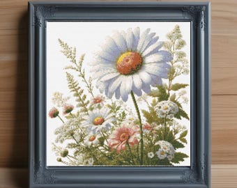 Daisy Floral Cross Stitch Pattern, Botanical Embroidery (PDF Digital Download)
