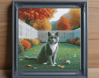 Grey Tuxedo Cat Cross Stitch Pattern, Modern Pet Portrait (PDF Download)