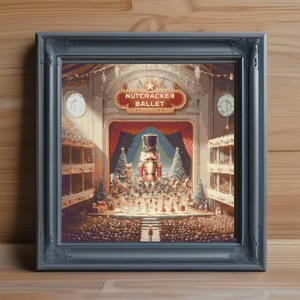 Puede incluir: Obra de arte enmarcada que representa una escena del ballet El Cascanueces. La imagen presenta una ilustración detallada de un teatro con público, un escenario con una figura del Cascanueces y el texto "Nutcracker Ballet". El marco es gris.