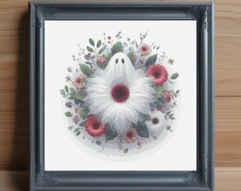 Flower Ghost Cross Stitch Pattern, Halloween Embroidery (PDF Pattern)
