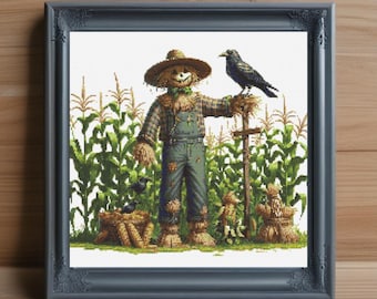 Scarecrow and Raven Cross Stitch Pattern, Autumn Farmhouse Embroidery (PDF Download)