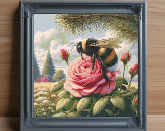 Bumble Bee Cross Stitch Pattern, Floral Garden Needlepoint (PDF Download)