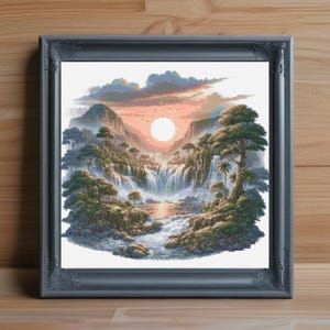 Waterfall Cross Stitch Pattern PDF, Scenic Landscape Cross Stitch PDF Chart, Nature Embroidery Design, Modern Needlepoint, Instant Download