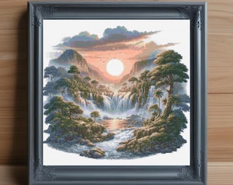 Waterfall Landscape Cross Stitch Pattern, Nature Embroidery (PDF Download)
